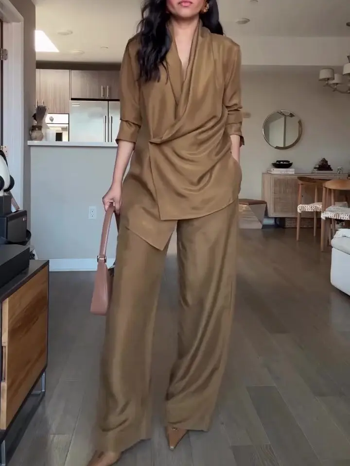 Women's Elegant 2-Piece Outfit, Solid Satin Wrap Top with Matching Wide-Leg Pants, Regular Fit Polyester Clothes, Trouser