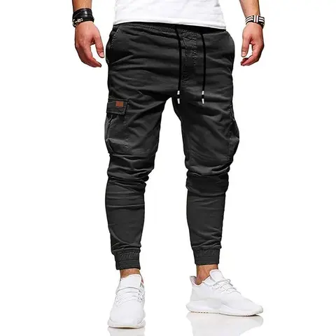 HUNGSON Menswear Slimfit Belted Cargo Joggers Men's Pants - Plain All-Cotton Blend, Breathable, Adjustable Stretch Elastic Drawstring Mid-Waist, Button-Free Slant Pockets, Large Pockets, Above-Ankle Length, Outdoor Casual Trousers for Daily Wear