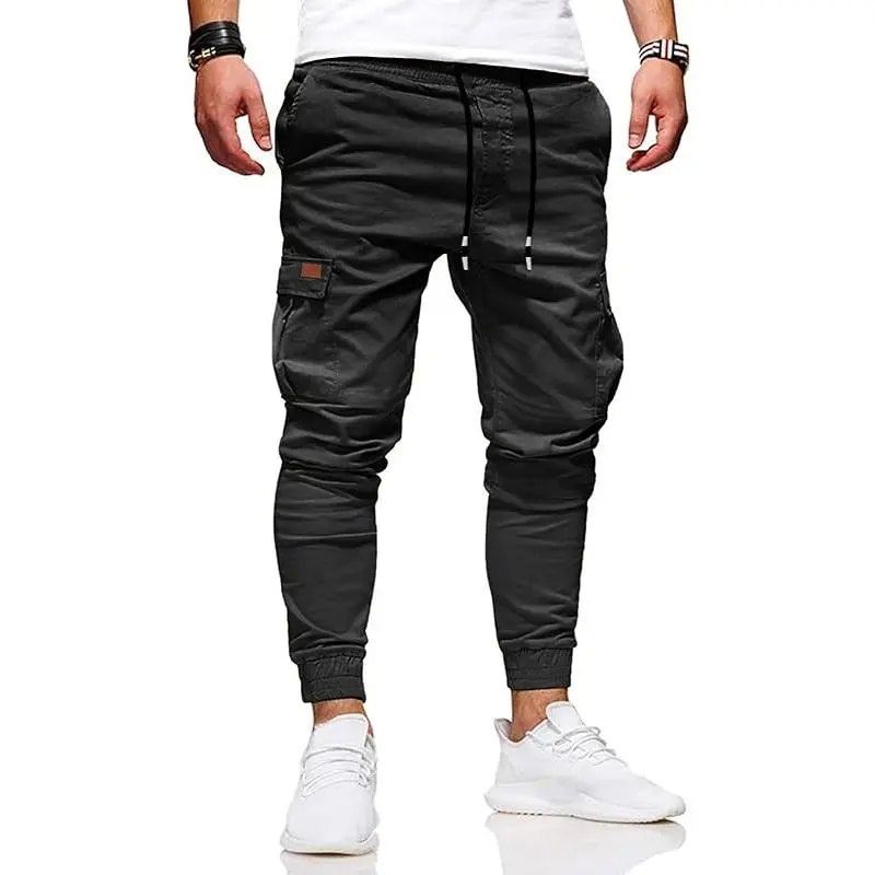 HUNGSON Menswear Slimfit Belted Cargo Joggers Men's Pants - Plain All-Cotton Blend, Breathable, Adjustable Stretch Elastic Drawstring Mid-Waist, Button-Free Slant Pockets, Large Pockets, Above-Ankle Length, Outdoor Casual Trousers for Daily Wear
