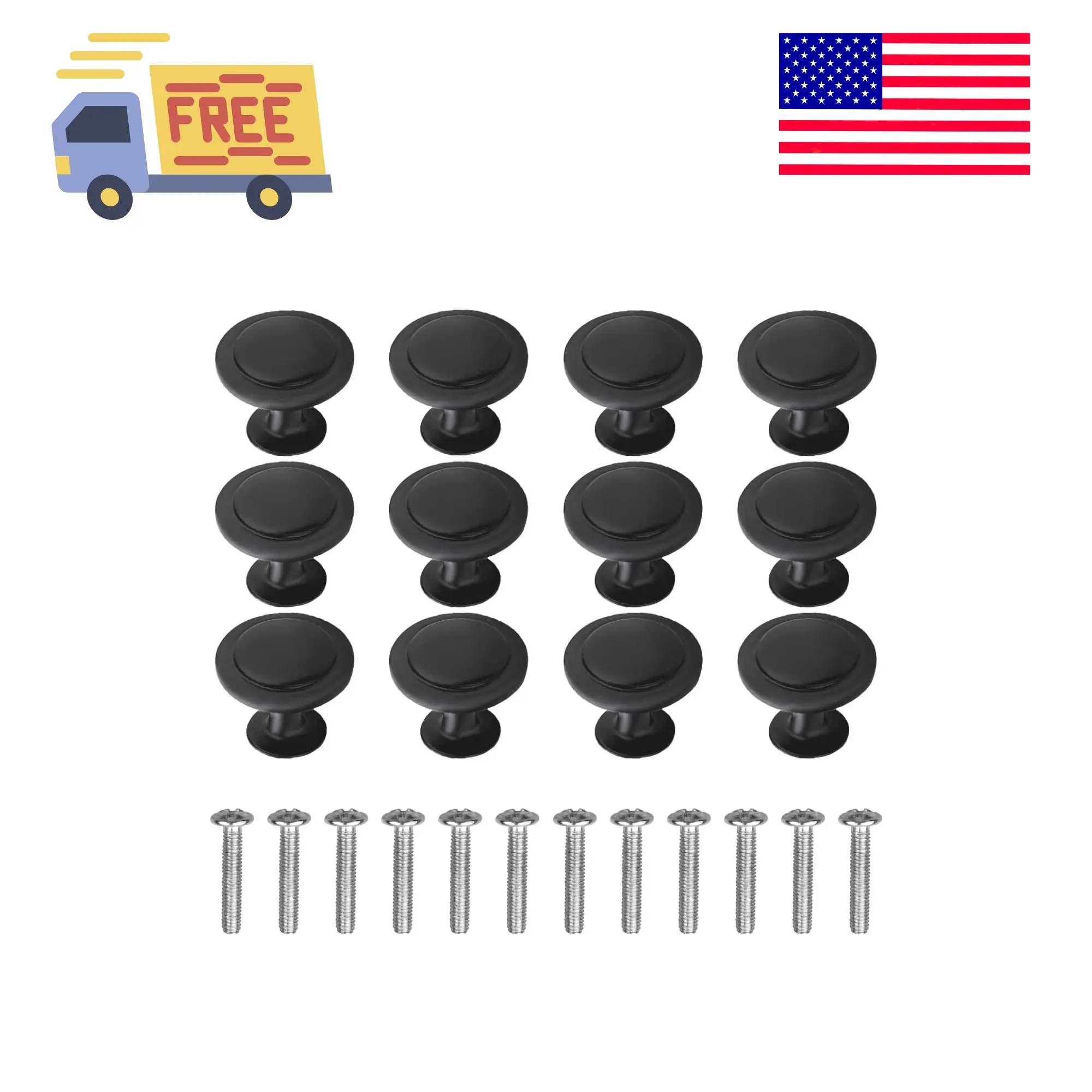 12 Pack Black Round Cabinet Hardware Knobs 1.18 Inch Flat Pulls Knob with Screws
