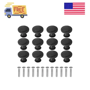 12 Pack Black Round Cabinet Hardware Knobs 1.18 Inch Flat Pulls Knob with Screws
