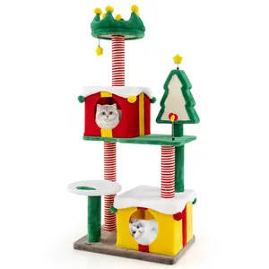 COSTWAY - Cute Christmas Cat Tree Cat Tower for Indoor Cats with Scratching Posts and Carpet-Multicolor