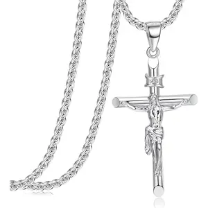 Besteel Silver Crucifix Pendant Necklace  for Women - Men's Sterling Silver Crucifix Necklace charm with Stainless Steel Rope Chain Catholic Baptism Jesus Cross Necklace Jewelry mens