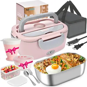 AOSION Electric Lunch Box for Adults 3-IN-1 80W Heated Food Warmer Portable Thermal Container with Airtight Lid & Complete Tableware Set for Car/Truck/Office Pink