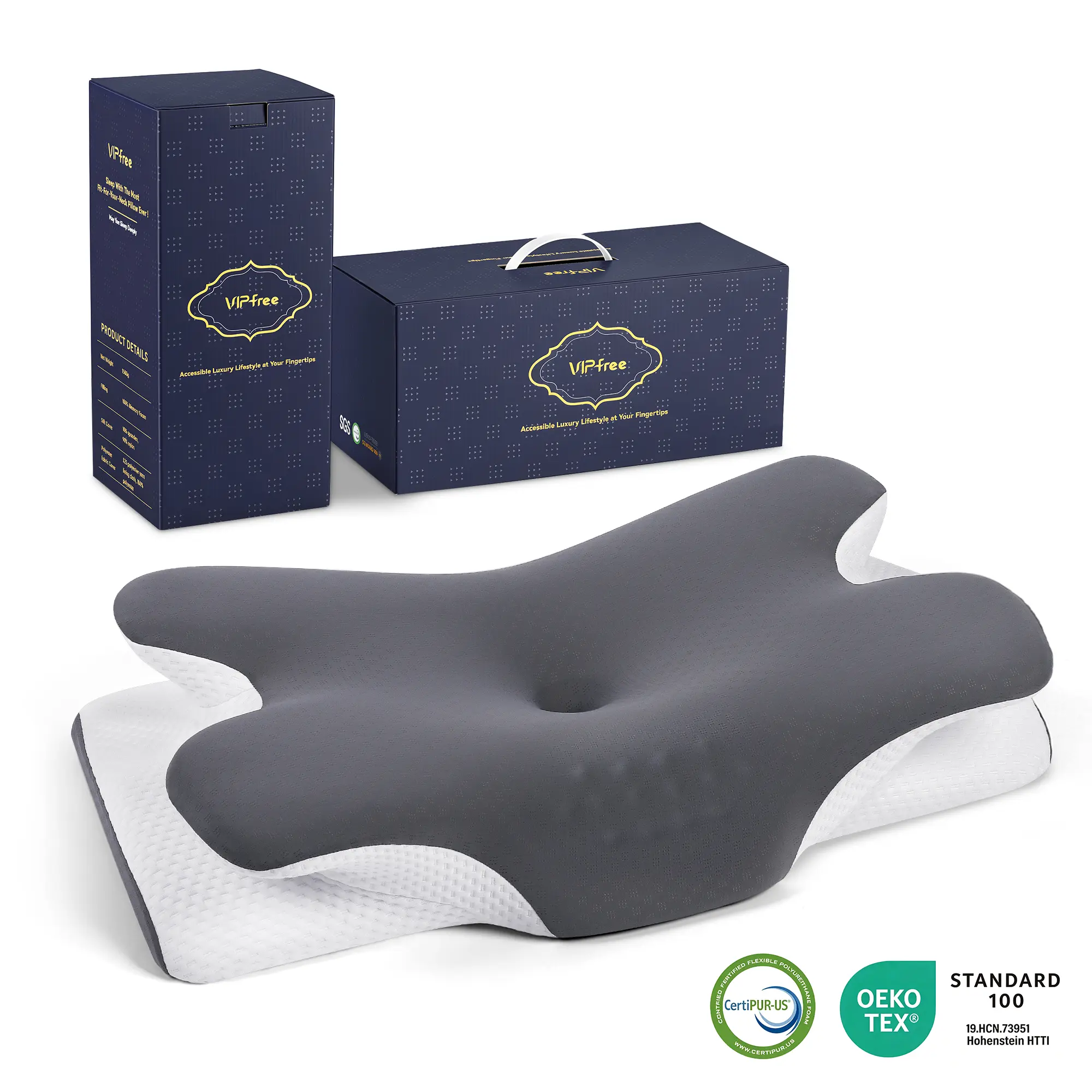 VIPfree Ergonomic Memory Foam Cervical Neck Pillow - CertiPUR-US Certified Slow Rebound Foam, Anti-Bacterial Gray OEKO-TEX Fabric Pillowcase, Bed Accessories for Back/Neck/Shoulder Pain Relief, Aids Sleep System,sohochic