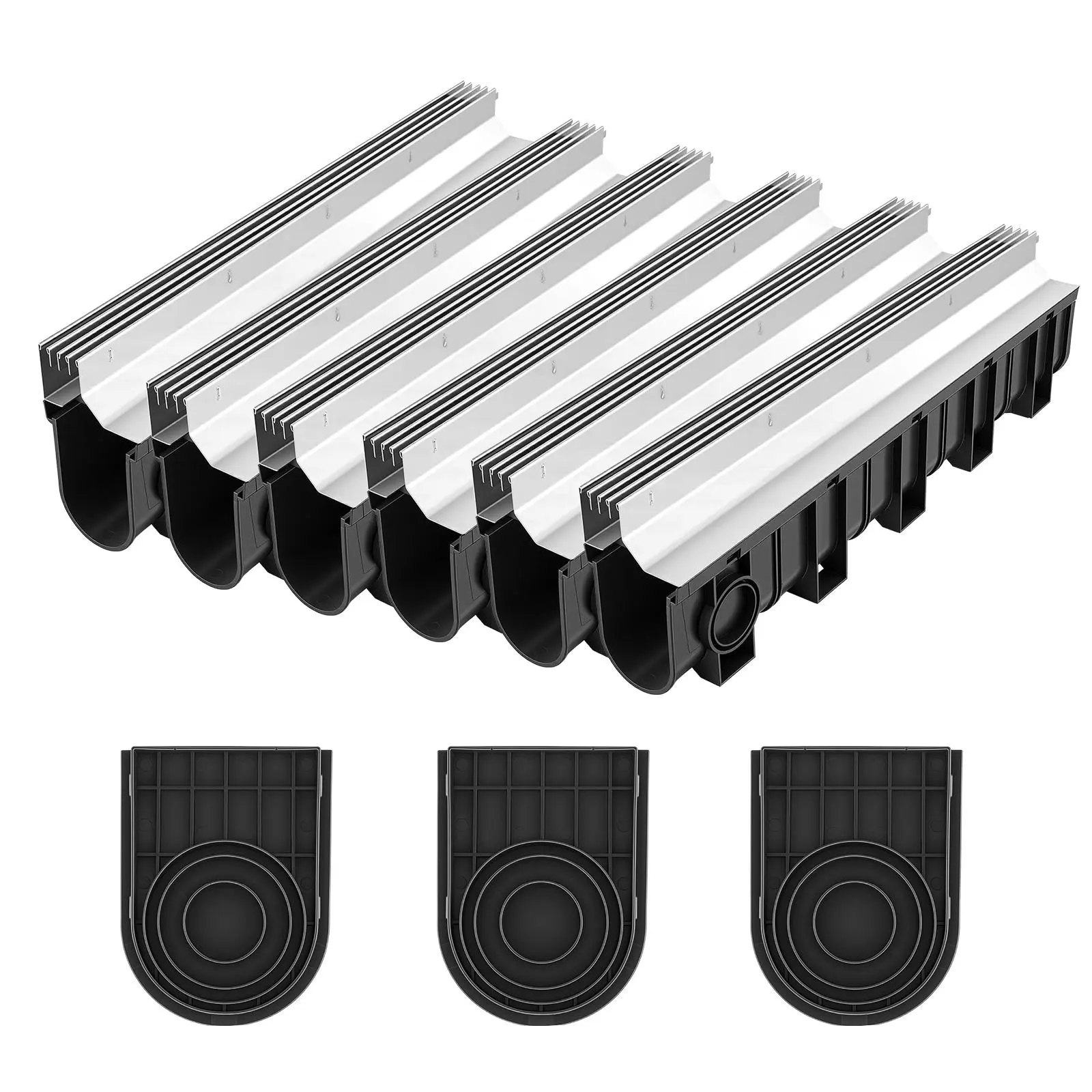 VEVOR 3-Pack Heavy-Duty HDPE Linear Drain, 39.7x5.8x7.4in Deeper Channel Structure with Maximized Opening Stainless Steel Grate, Clog-Resistant for Quick Water Flow, Outdoor Use for Driveway, Garage (Black & Silver), 3 Trench Drain, Three Pieces
