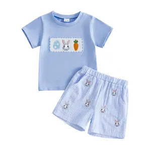 Baby Boy 2-Piece Easter Outfit, Short Sleeve Round Neck Top with Bunny Eggs Embroidery, Shorts Set for Spring Summer, Short Sleeves