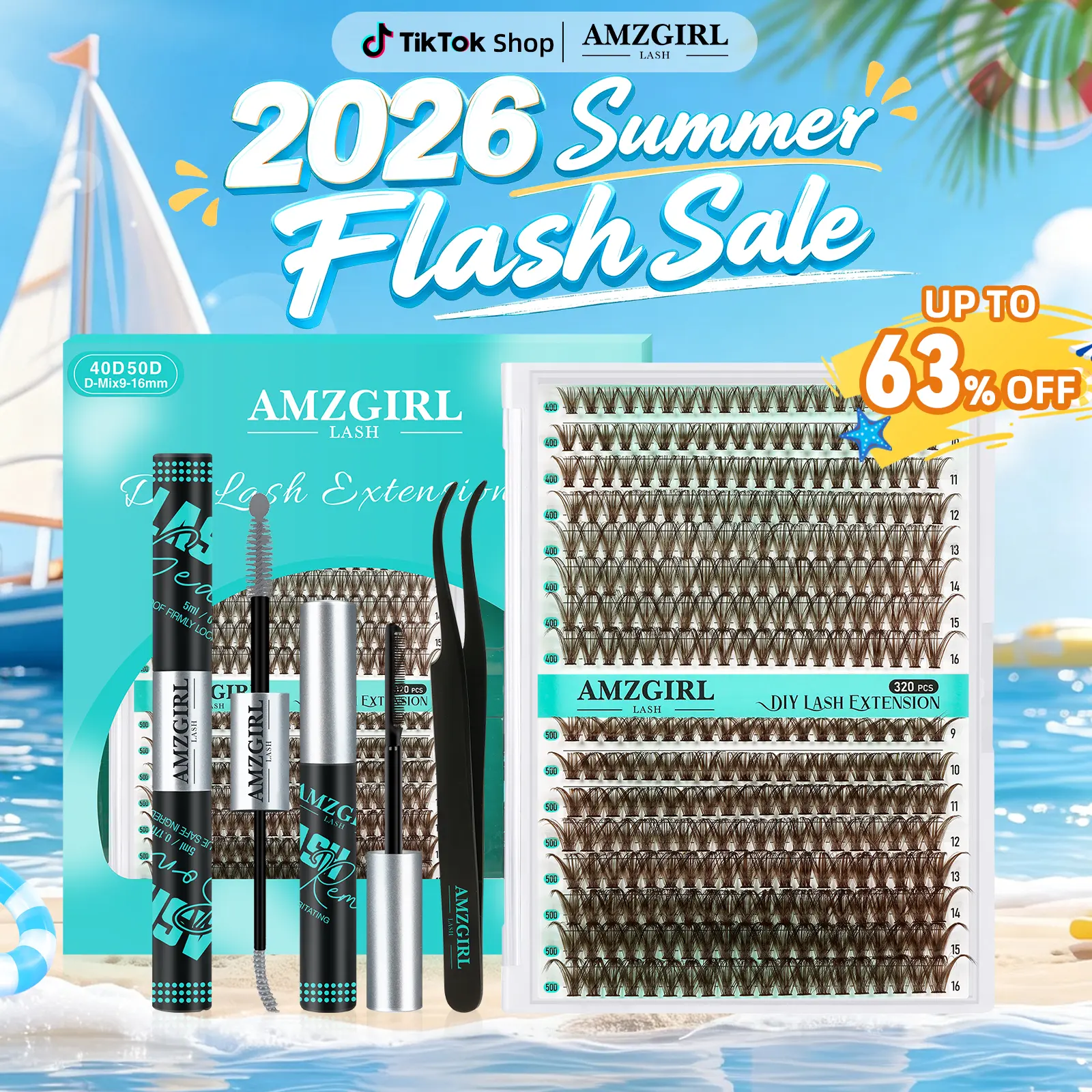 AMZGIRL Brown Lash Clusters Kit 320Pcs 40D+50D DIY Individual Lashes Extension Kit Gray Lash Bond and Seal Lash Remover for Eyelashes Extensions Lash Applicator for Eyelash Cluster Kit at Home(D-Mix9-16mm)