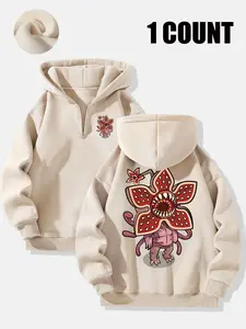 Stranger Things Retro Graphic Print Long Sleeve Oversized Hoodie Sweatshirts, All-Over Character & Upside Down Design, Premium Soft Fabric, Ideal for Sci-Fi Horror Fans, Trendy Casual Everyday Wear for Daily Leisure & Fandom Outfits