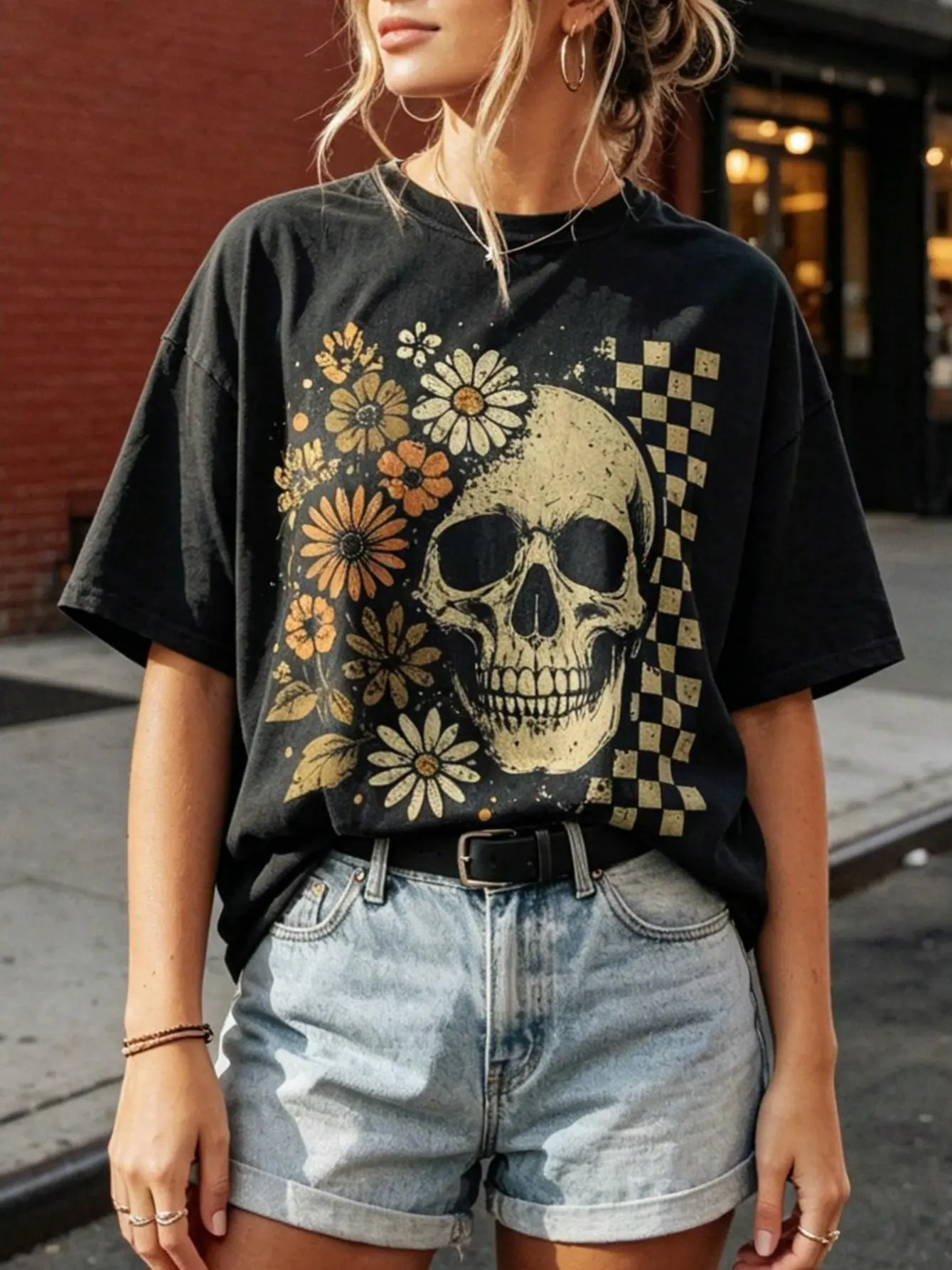 100% Cotton Women Round Neck Short Sleeve T-Shirt, Vintage Distressed Skull Daisy Floral Checkerboard Graphic Loose Casual Tee, Retro Gothic Boho Dark Aesthetic Soft Breathable Summer Daily Wear Top Gift, Non-Washed Fabric