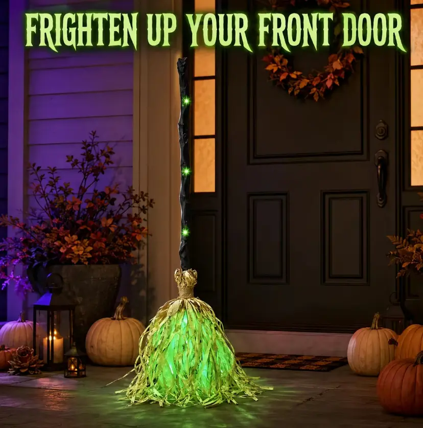Animated Dancing Witch Broom Halloween Decoration, Light Up & Sound Activated, Bendable Handle, Spooky Moving Broom Prop for Yard Porch Party Decor