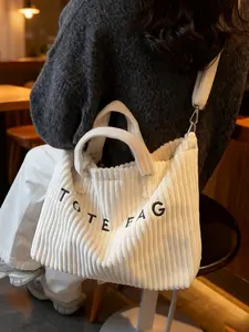 Fashionable New Corduroy Fabric, Large-Capacity Shoulder/Crossbody Bag, Letter Print Zipper Design, Solid-Color, Versatile for Outdoor Use, Casual Commuting Tote Bag