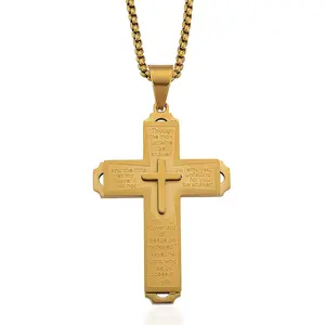 Isaiah Verse Cross Pendant Necklace 23.5 Inches in ION Plated Yellow Gold Stainless Steel