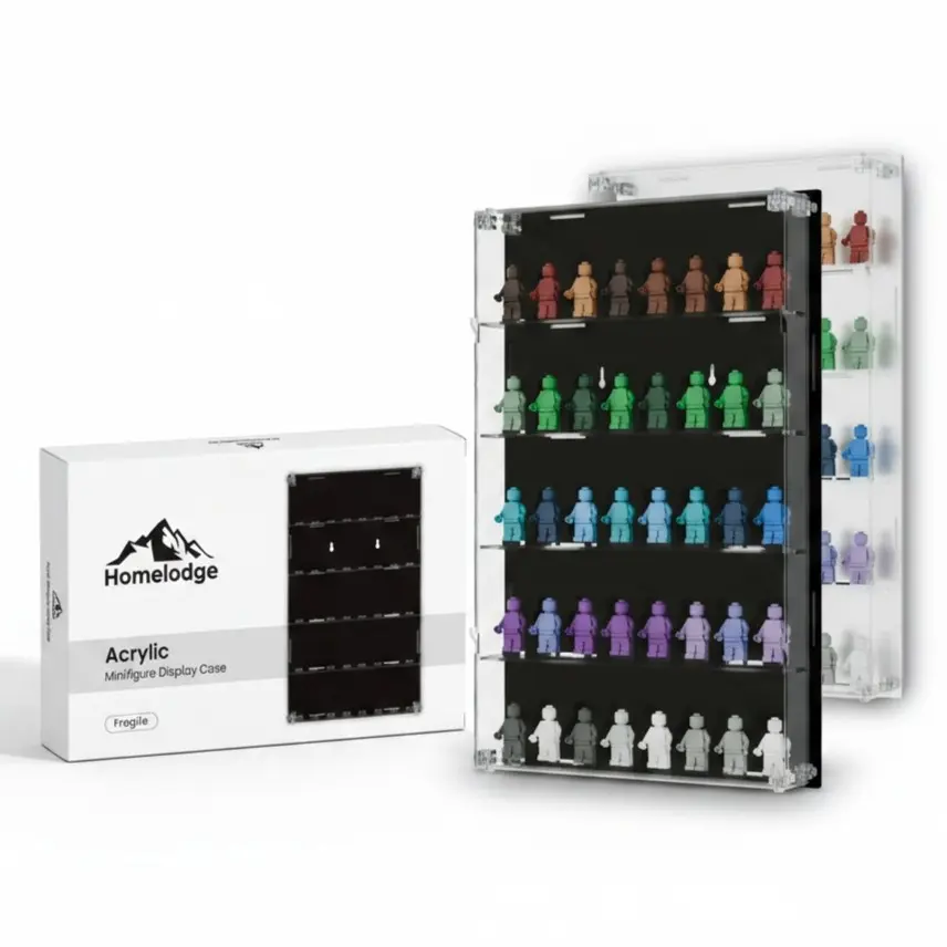 Acrylic Minifigure Display Case - Wall Mount Mini Figure Storage Shelves Racks with Black Background - Holds 40 Tall Minifigs - Room Organiser for Large Minifigures - Stands & Extra Accessories