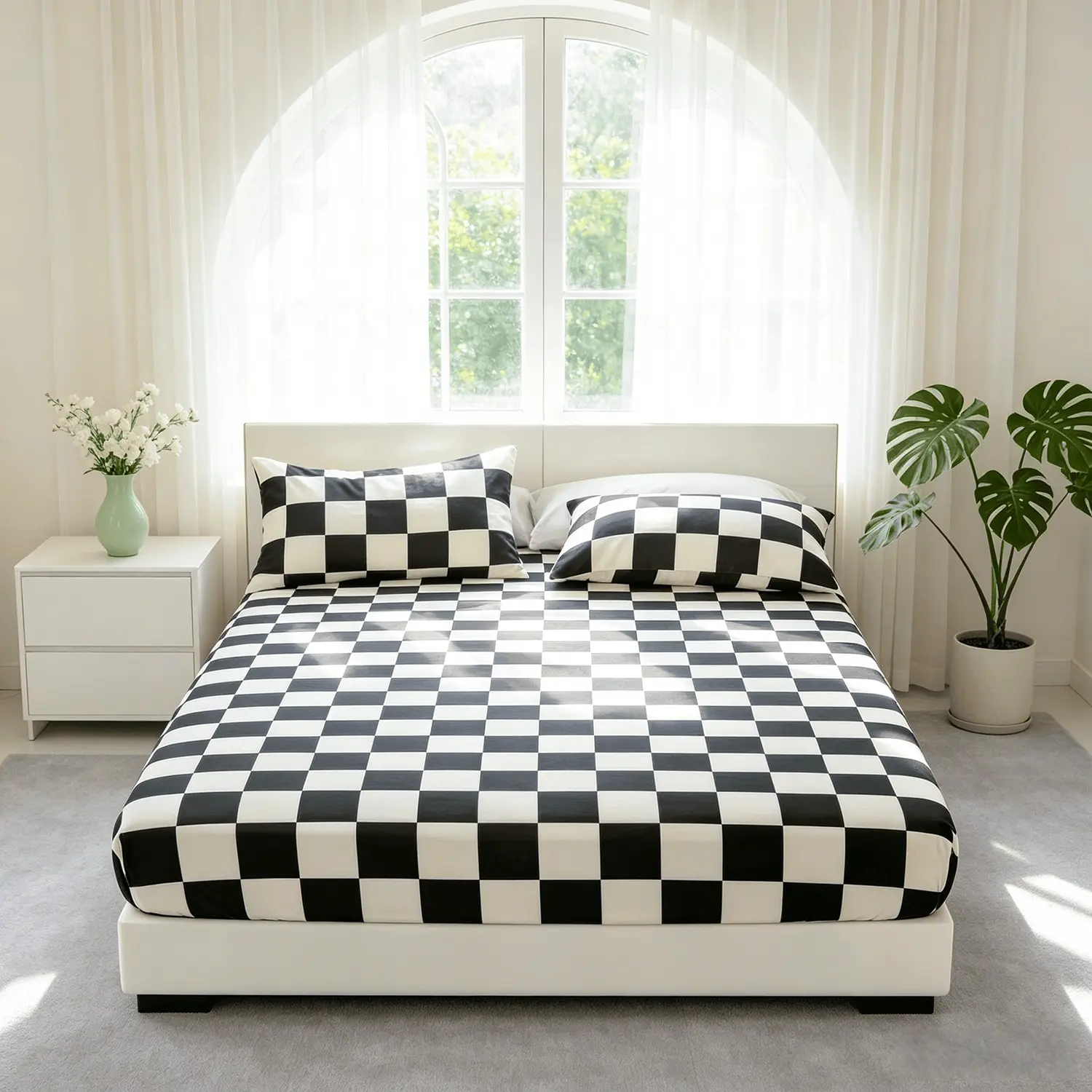 3-piece checkered geometric printed bedding set, includes fitted sheet and 2 pillowcases, pillow inserts not included. Elastic snug fit, soft texture and easy to care for, suitable for all seasons. Plaid Bedding Set, Bedroom Bedding Set, Bedsheet Sets