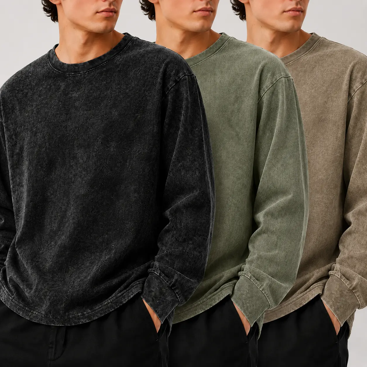 Men’s 100% Cotton Vintage Acid Wash Long Sleeve T-Shirt, Loose Fit Drop Shoulder Crew Neck Tee, Retro Streetwear Fall Layering Everyday Top