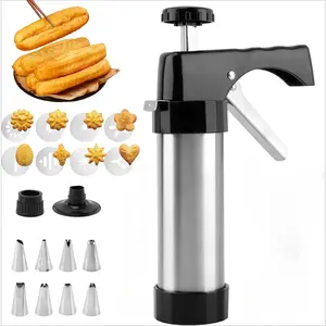 Stainless Steel Cookies Press, Manual Churro Maker Machine Cookie Press Gun Kit with 8 Cookie Discs and 8 Piping Tips for DIY Christmas Cookies Maker Kitchen & Restaurant Use