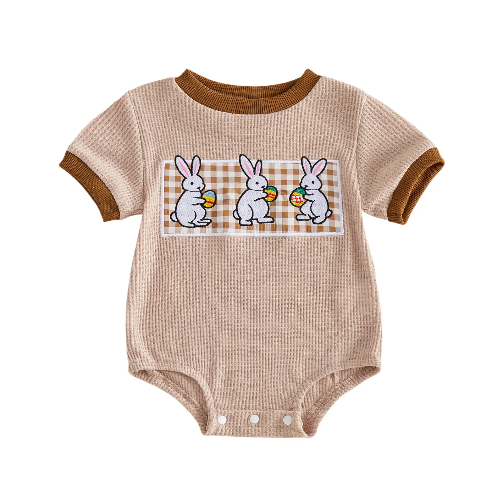 Babamoon Infant Baby Boys Girl Easter Jumpsuit Plaid Bunny Embroidery Short Sleeve Round Neck Romper Cute Easter Waffle Bodysuit 0-18 Months
