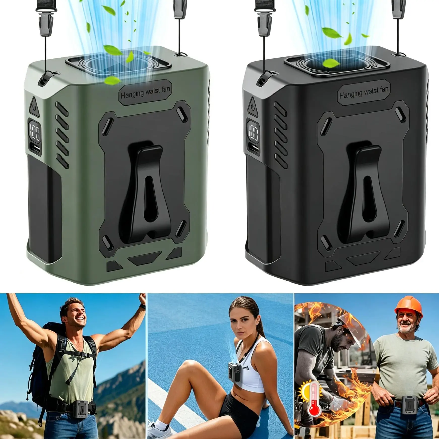 Portable Rechargeable Waist Clip Fan, 10000mAh 5-Speed Adjustable Hands-Free Hanging Neck Fan with LED Digital Display & Light, Wearable Belt Cooling Fan for Outdoor Camping Jobsite