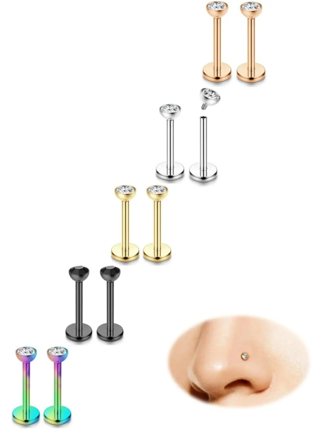 18 Gauge Nose Ring,Surgical Steel Nose Studs Tiny Nose Rings for Women CZ Nose Piercings Flat Back Cartilage Earring Lip Rings Internally Threaded Nose Stud Labret Tragus Piercing Jewelry Body Piercings Set