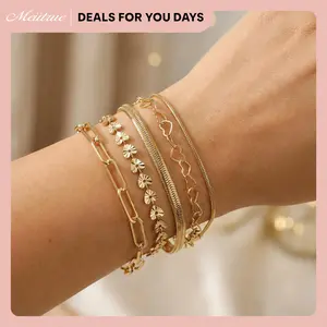 MEIITRUE Viral Stackable Bracelets Set for You She and Her 14K Gold Plated Waterproof Paperclip Flower Heart Cuban Link Dainty Mix and Match Daily Wear Non Tarnish Arm Candy Gift for Women Fashion Jewelry Anklets