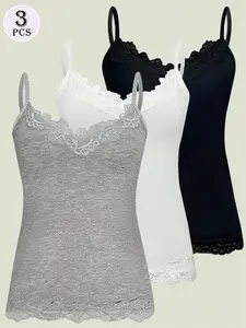 Women’s Solid Color Adjustable Straps Cami Top with Lace Trim, Comfortable 3-Piece Set for Everyday Casual Wear, Stylish Relaxed Fit
