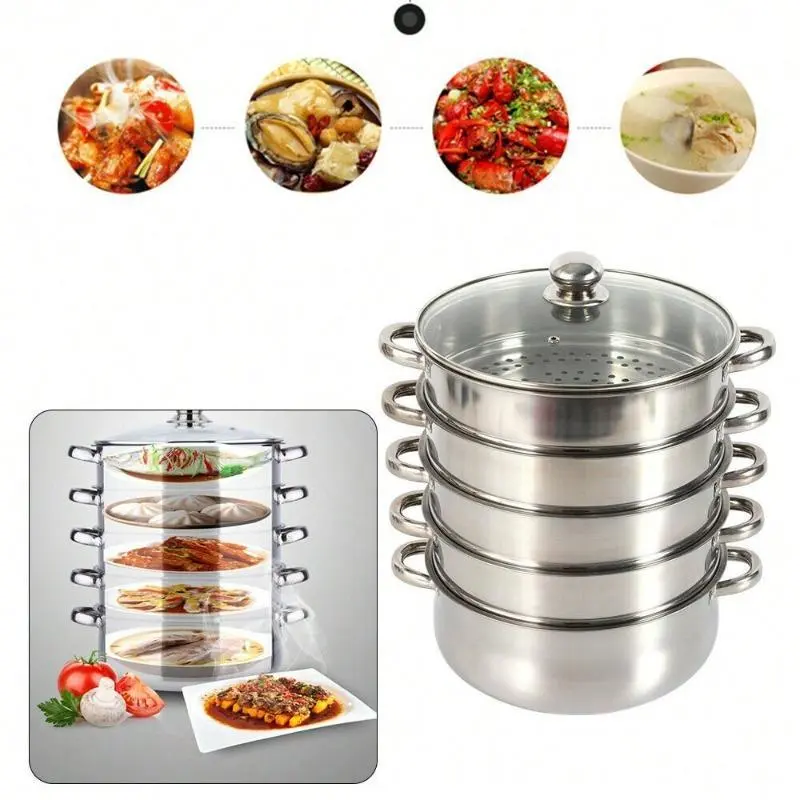 5-Layer Covered Food Steamer, Multi-Purpose Stainless Steel Food Steamer Cookware