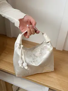 Elegant Woven Jacquard Crossbody Shoulder Bag, Pearl Decor, Two-In-One Handbag & Sling Bag, Suitable for Daily Commute Work Party