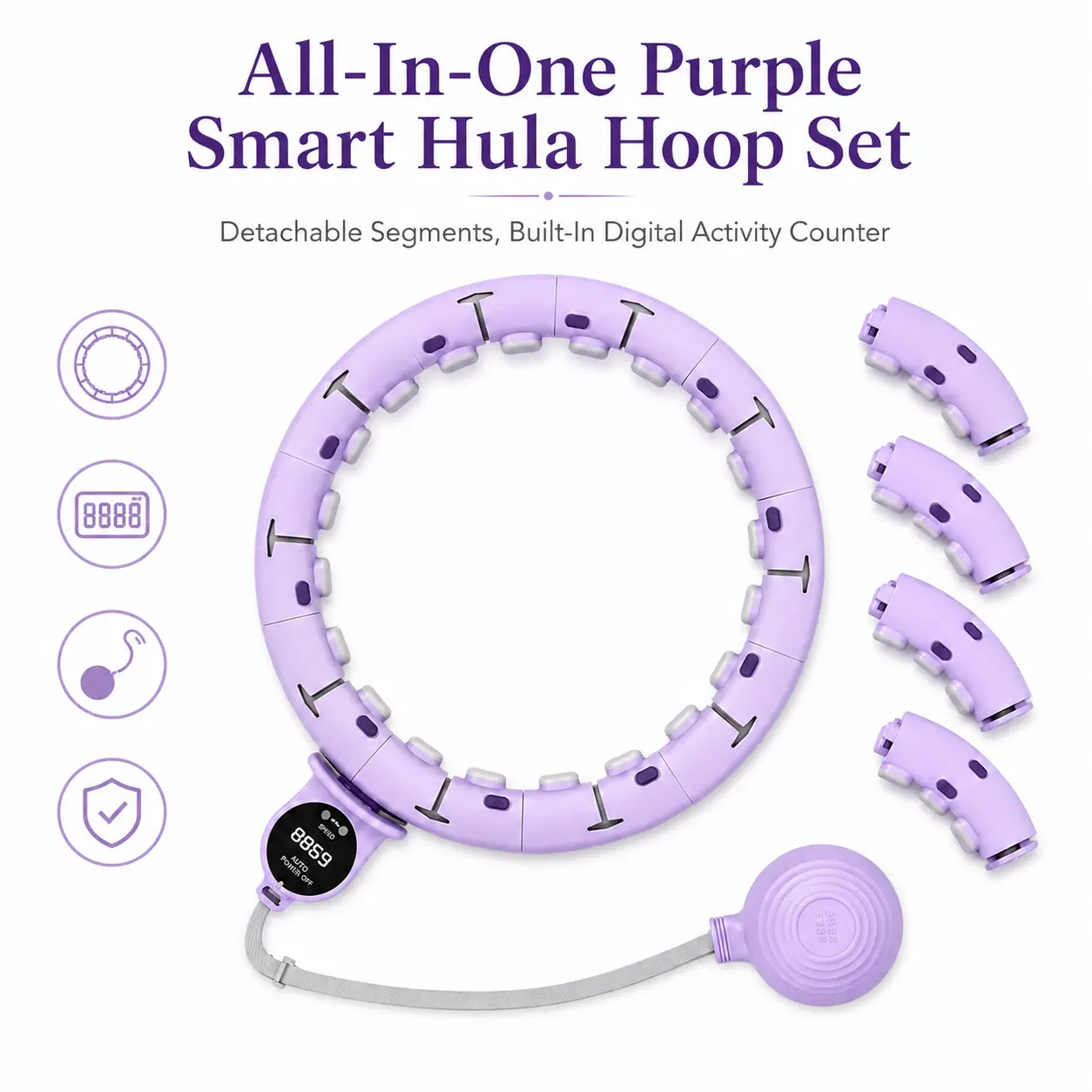 Smart Weighted Hula Hoop for Adult Daily Activity & Waist Massage, Infinity Hoop with Digital Counter & Weighted Ball, 360° Silicone Massage Pads, 4 Silent Steel Bearings, Detachable Adjustable Home Use Waist Ring for Women, Fits 65-90cm