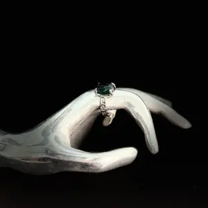 Reiki Infused Moss Agate Silver Ring - Polished Moss Agate with Cut-Out Squares, Cleansed with Sound Bowl, Nurturing Energy for Growth and Harmony