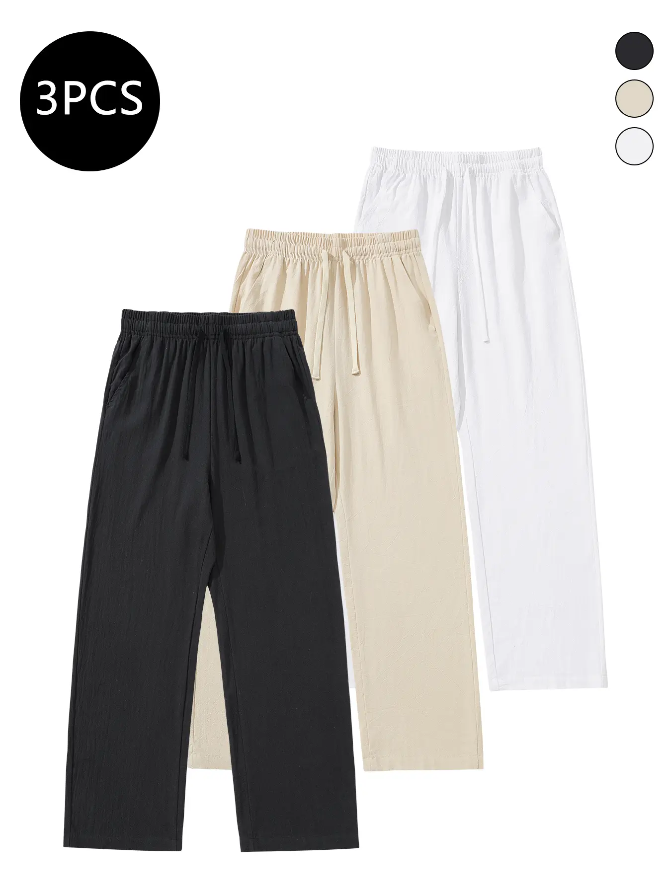 3-Pack Men’s Summer Linen/Cotton Straight-Leg Pants — Casual, Loose Fit, Versatile, Trendy Long Pants for Men Beige