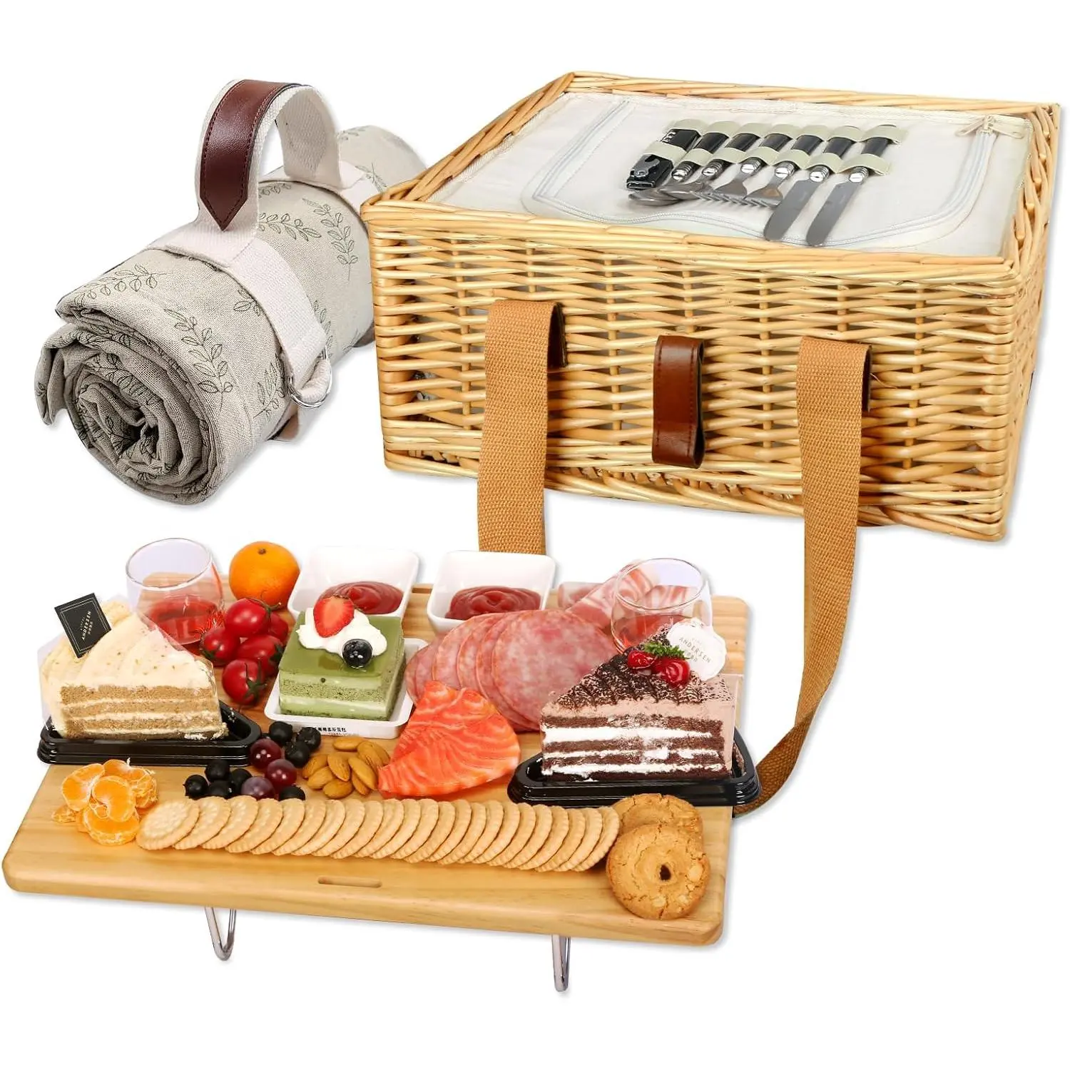 Wicker Picnic Basket for 2 with Mini Folding  Picnic Table & Large Insulated Cooler Bag & Cutlery Service Kits for 2 Person, Couples Gifts, Wedding Gifts (Y2307-2-CM)