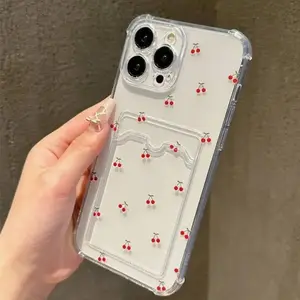 Fashion Cherry Pattern Design Transparent Phone Case with Card Slot, TPU Material, Anti-Slip and Anti-Fall, Suitable for iPhone 17air 17/16/15/14/13/12/11 Pro Promax Plus, Can Give Family as Gifts, Kbfstpu1