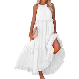 Boho Dresses for Women,2025 Summer Flowy Ruffle Tiered Swing Smocked Beach Sundress,Sleeveless Halter Maxi Dress