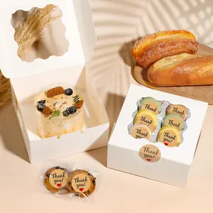 12 Pcs Cookie Boxes with Window, 6x6x3 Inches White Bakery Boxes, Treat Boxes with 50 Pcs Cookie Bags and 12 Pcs Stickers, for Dessert Pastry Chocolate Strawberries Macarons Donut Cupcake