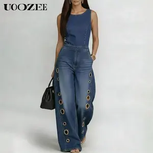 UOOZEE Women's 2026 Summer New Sleeveless Denim Jumpsuit, Casual Wide Leg Jean Jumpsuit with Pockets, Eyelet Detail Back Zipper One Piece Outfit for Women(One Sizing Up for C-cup and Above), Beach, Earrings