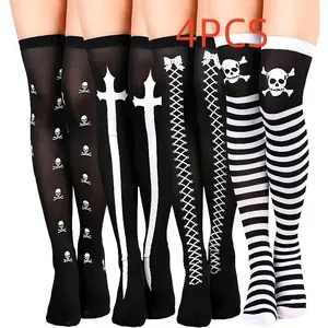 4 Pairs Halloween Thigh High Long Stockings, over Knee Skull Socks for Cosplay, Perfect for Halloween Costume Party Accessories Striped