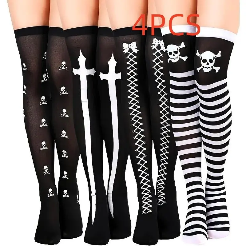 4 Pairs Halloween Thigh High Long Stockings, over Knee Skull Socks for Cosplay, Perfect for Halloween Costume Party Accessories Striped Fashion Ideal