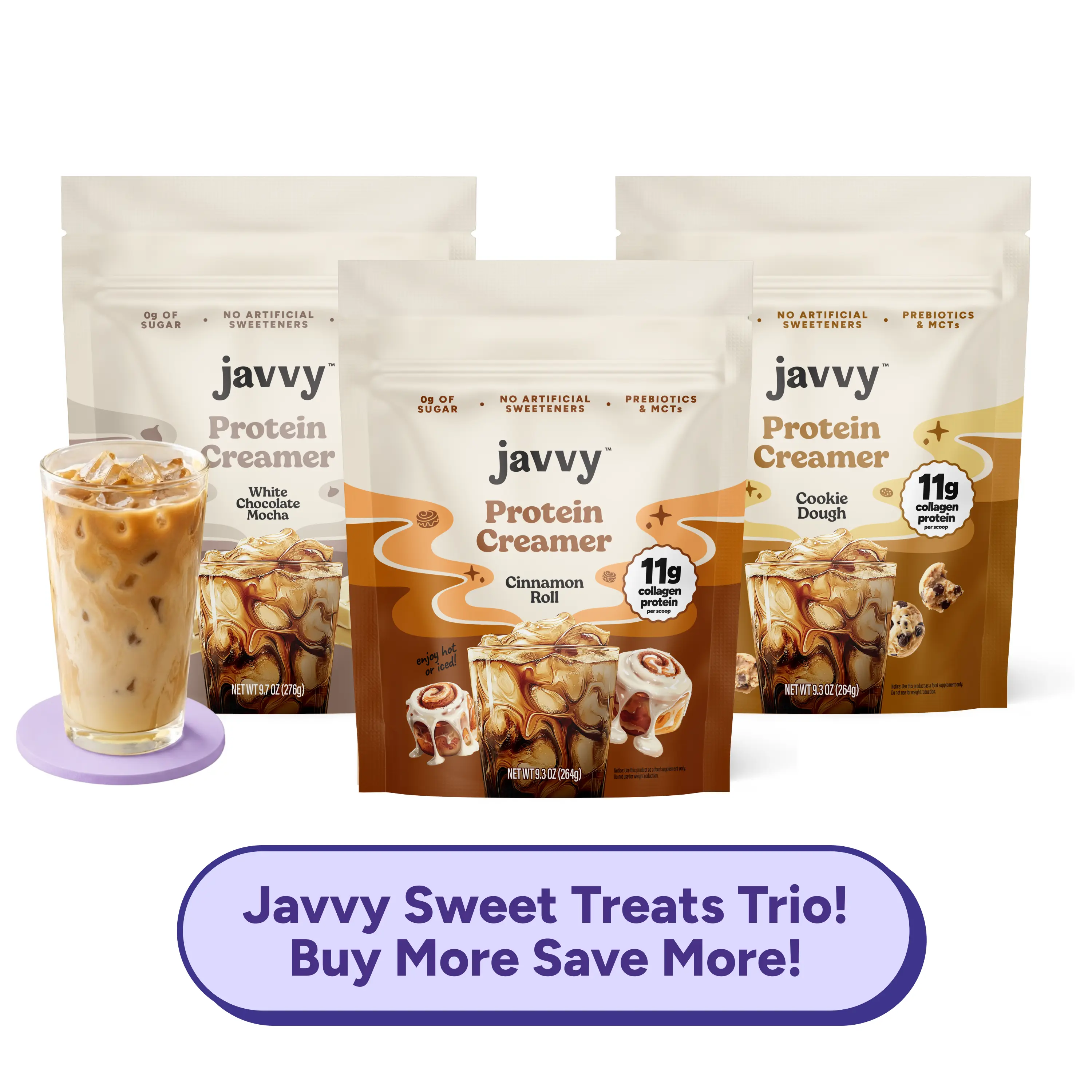 Javvy Sweet Treats Trio TikTok Exclusive Bundle Protein Coffee Creamer Grass Fed Pasture Raised Collagen Hair, Skin & Nail Support, Energy-Boosting MCTs, Keto Friendly, Lactose Free & Gluten Free, No Added Sugar, 11g of Protein