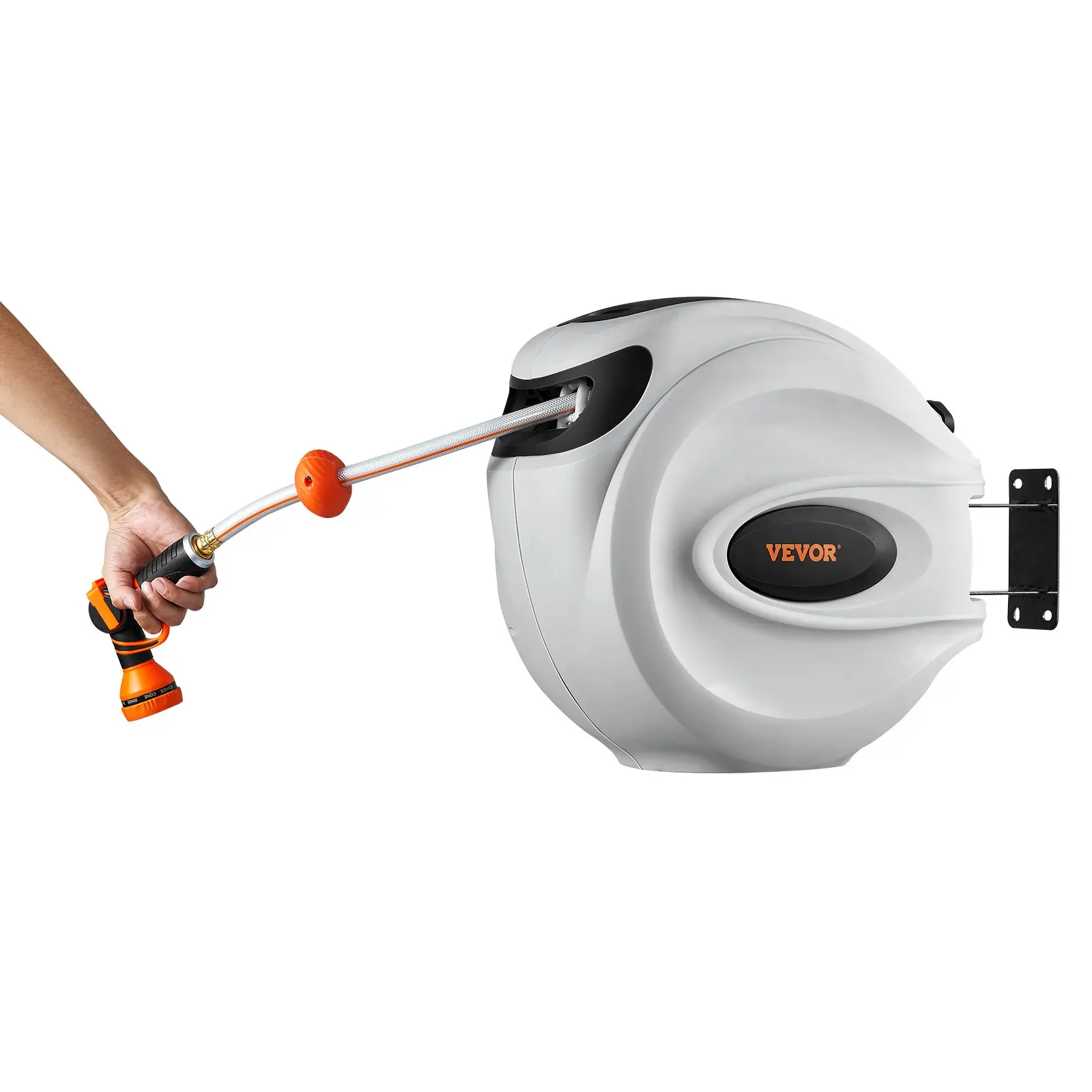 VEVOR Wall Mount Metal Garden Hose Reel (100'-1/2" Size), 180° Swivel, 9-Pattern Nozzle, Automatic Rewind, Lock-at-Any-Length, Slow Return System, 200psi, Fits Brick Concrete Wood Stone, Windows Garden Watering Irrigation Accessory