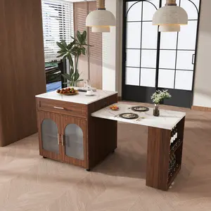 80-Inch Expandable Dual-Purpose Multi-Functional Floor Cabinets Kitchen Island with Dining Table, Marble Grain Countertop, Built-In Power Outlet, Walnut Finish Mobile Storage Cart with Cabinet & 2 Drawers, Rolling Prep Table for Small Spaces, Dual-Purpose