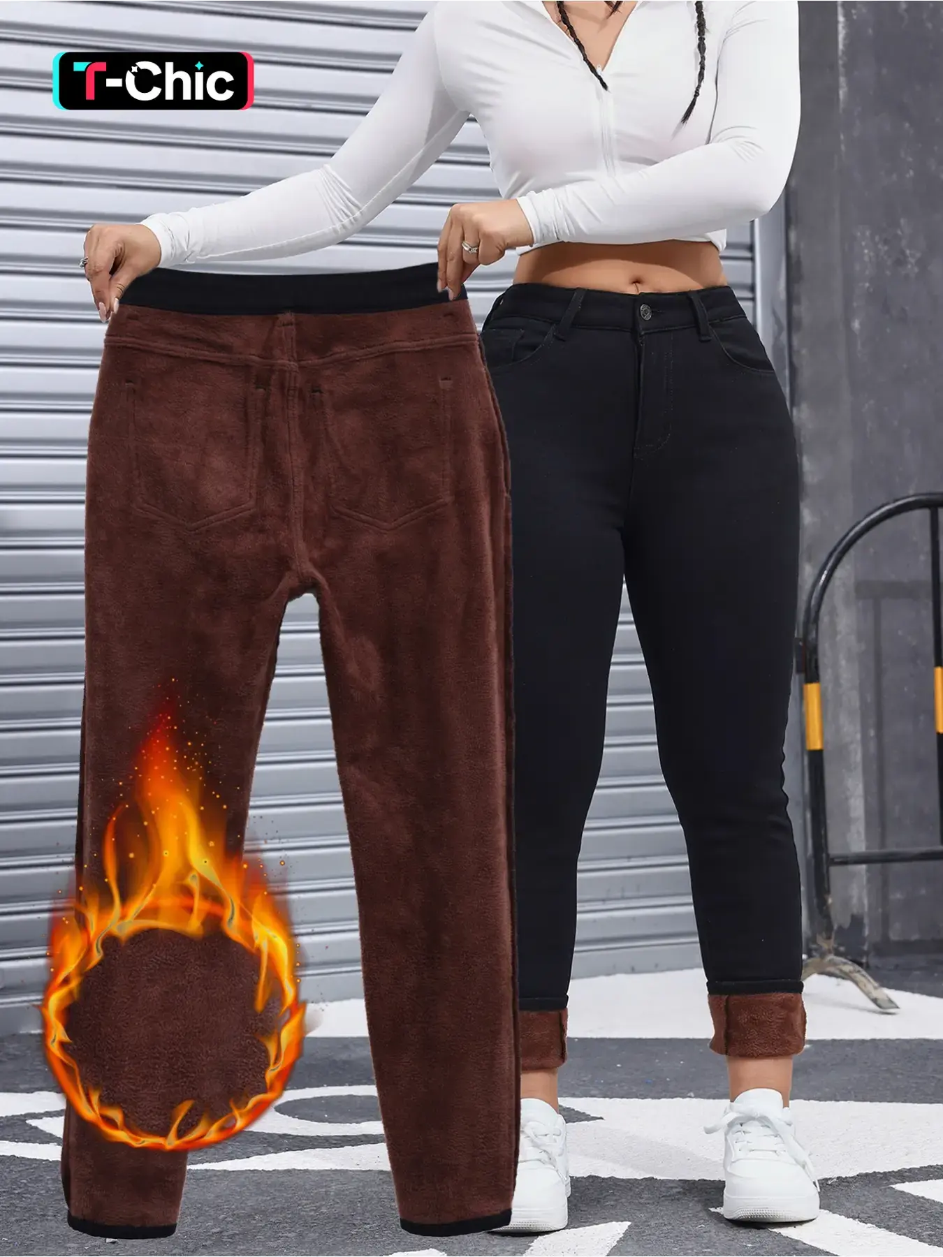 Women's High Elasticity Preppy Casual Fitted High Quality Jeans Pants, Thickened Fleece Lined Woven Denim Trousers, Comfortable Fit Fashion Long Pants for Women, Breathable Bottoms, Basic, Womenswear