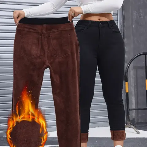 Women's High Elasticity Preppy Casual Fitted High Quality Pants, Thickened Fleece Lined Woven Denim Trousers, Comfortable Fit Fashion Long Pants for Women, Breathable Bottoms, Basic, Womenswear, Fitted Fashion Style