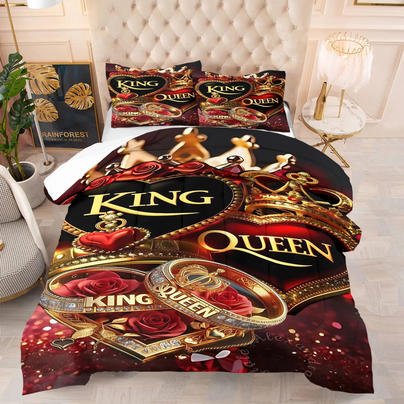 2/3 Piece King Queen Printed Comforter Set, Breathable Duvet Set, Romantic Valentine's Day Gift, Rose Crown Bedding Set, Comfy Bed Sets, Breathable, Comfortable and Skin Friendly Bedroom Decoration Set, 1 Quilt and 1/2 Pillowcase