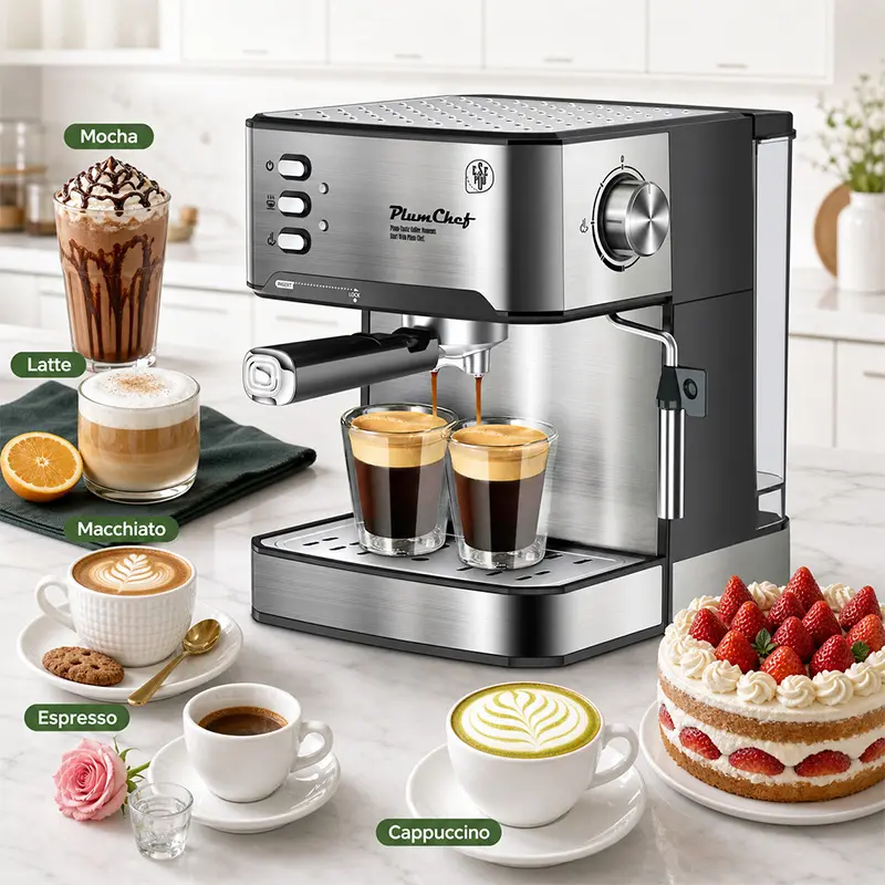 PlumChef Espresso Machine - 20 Bar High Pressure, Thermoblock Heating, ESE Pod & Ground Coffee Compatible, 1.5L Removable Water Tank, Powerful Steam Wand