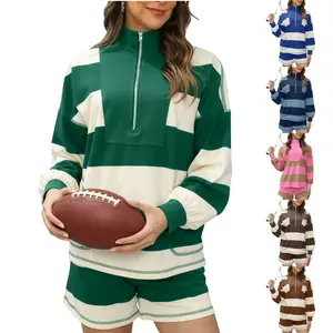 Ommig Women's 2-Piece Athletic Striped Sports Lounge Set - Soft, Lightweight Breathable Cotton Longsleeves Half-Zip T-Shirt & Shorts for Summer Autumn Casual Workout,summerwins，Football Baseball outfits