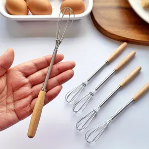 3pcs, Whisk with Solid Wood Handle, Kitchen Mini Stainless Steel Egg Beater, Milk Whipper Wire Whisk for Blending, Whisking, Beating, or Stirring, Baking Tools