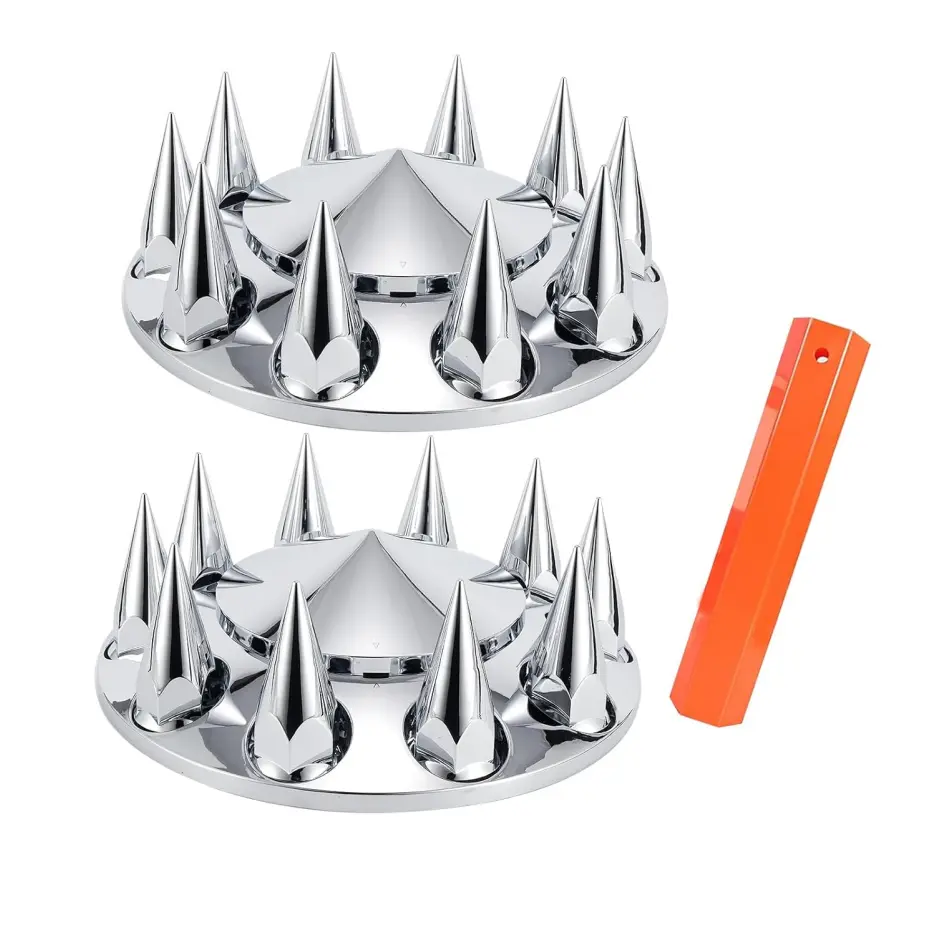 Spiked Removable Semi Truck Hub Cap Kits - ABS Glossy Chrome Mirror Finish Plastic Front Axle Covers, 33mm Threaded Install Flange Lug Nut Covers, 2 Sets Car Accessory with Heat-Resist Coat & Corrosion Guard for Wheel Protection