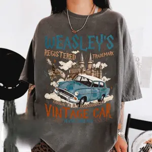 Women's Casual Wizard Flying Car T-Shirt - Vintage Weasley Car Top, Bookish Universal Fan Apparel, Magical Adventure Tee