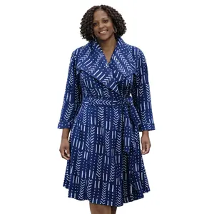 Blue African Inspired Print Wrap Coat with Belt – Modern Tribal Elegance
